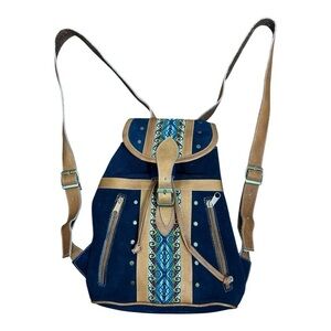 Handcrafted Braid Trim Navy Suede Small Backpack Bag Boho